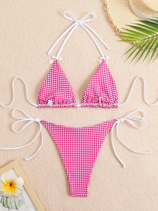 Pembe Puantiyeli Fiyonk Detaylı Üçgen Bikini Takımı