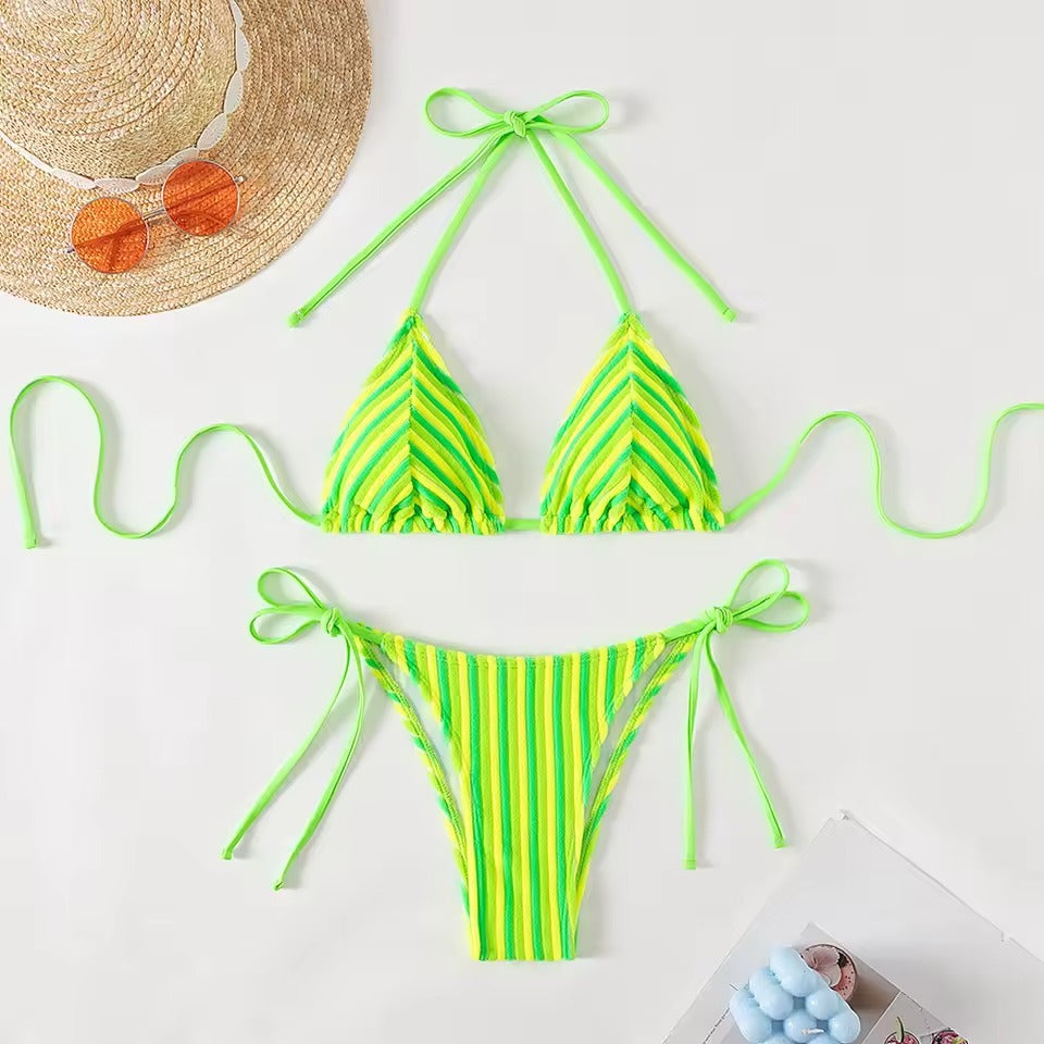Yeşil Şeritli Bağcıklı Üçgen Bikini Takımı