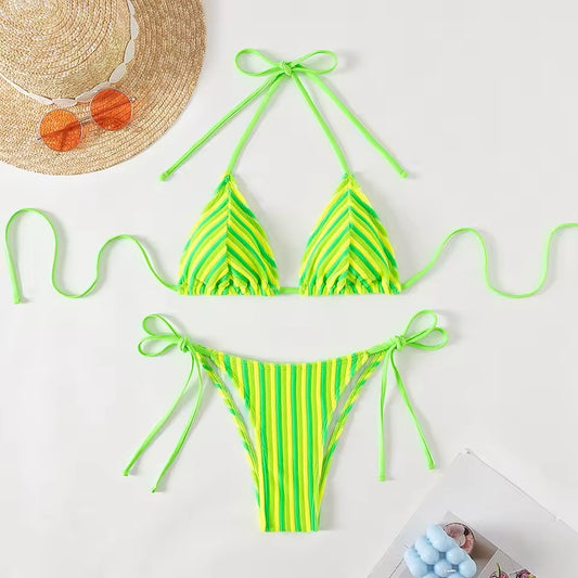 Yeşil Şeritli Bağcıklı Üçgen Bikini Takımı