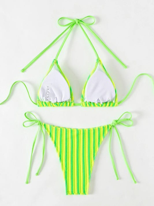 Yeşil Şeritli Bağcıklı Üçgen Bikini Takımı