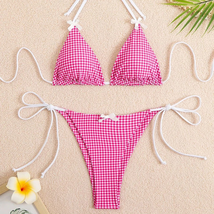 Pembe Puantiyeli Fiyonk Detaylı Üçgen Bikini Takımı