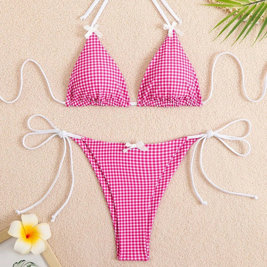 Pembe Puantiyeli Fiyonk Detaylı Üçgen Bikini Takımı