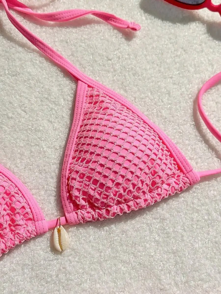 Kabuk Detaylı Pembe File Bikini ve Pareo Seti