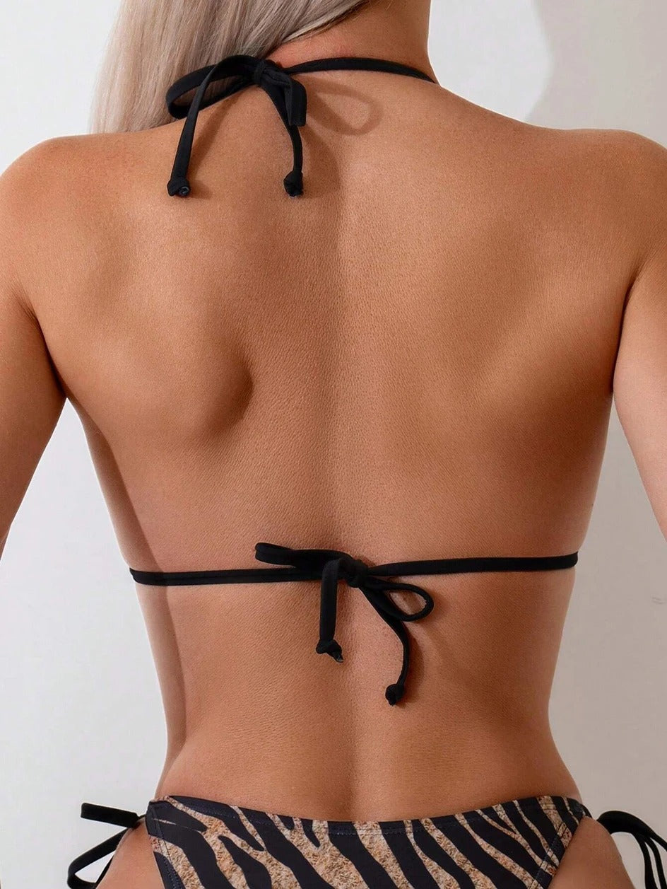 Parıltılı Zebra Desenli Bağcıklı Bikini Takımı