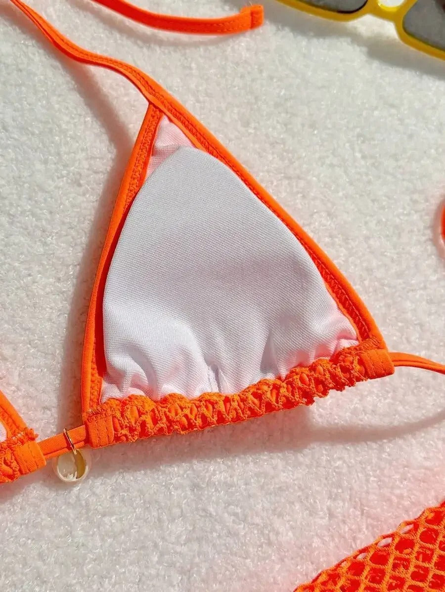 Kabuk Detaylı Turuncu File Bikini ve Pareo Seti