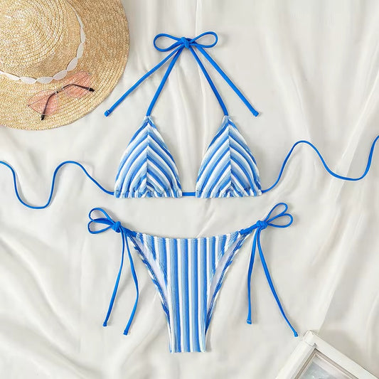 Mavi Şeritli Bağcıklı Üçgen Bikini Takımı
