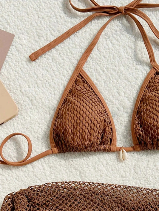Kabuk Detaylı Kahverengi File Bikini ve Pareo Seti