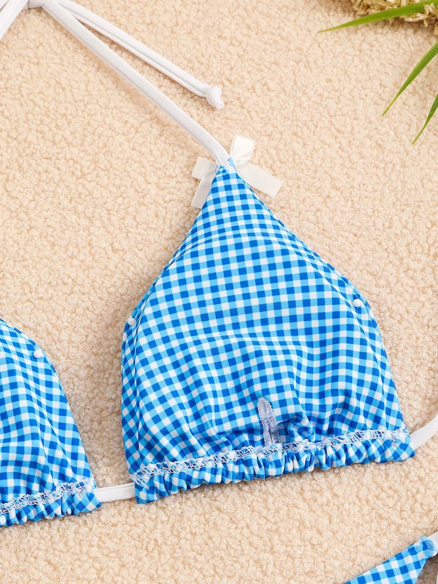 Mavi Puantiyeli Fiyonk Detaylı Üçgen Bikini Takımı