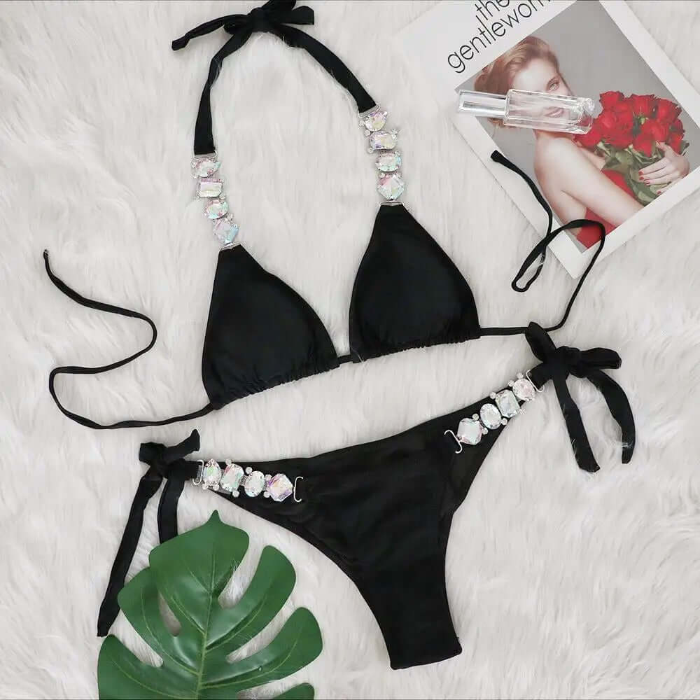 Işıltılı Kırmızı Taş Detaylı Bikini Takımı