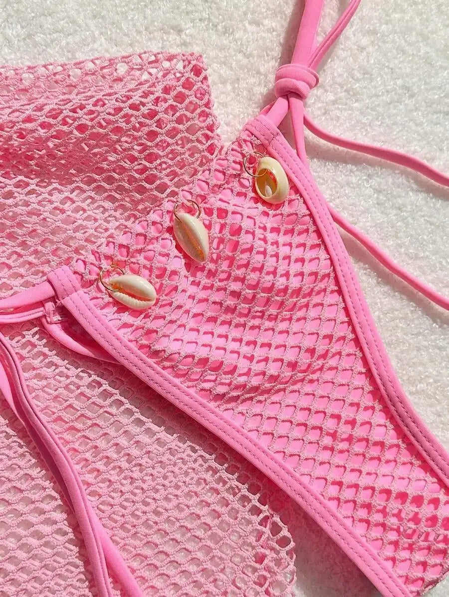 Kabuk Detaylı Pembe File Bikini ve Pareo Seti