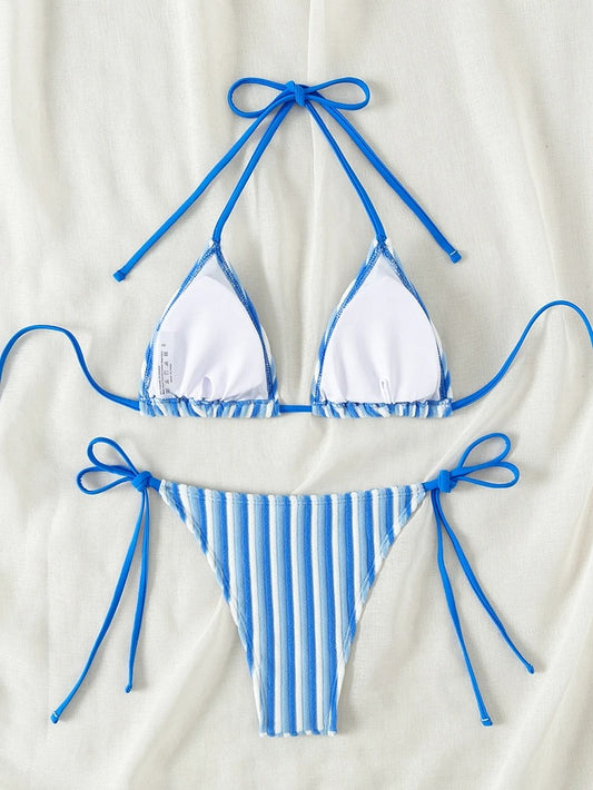 Mavi Şeritli Bağcıklı Üçgen Bikini Takımı
