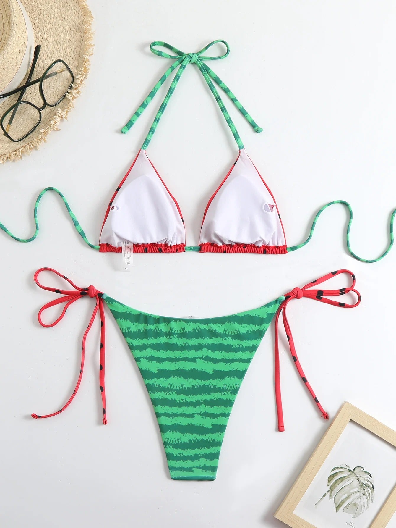 Karpuz Desenli Bağcıklı Üçgen Bikini Takımı