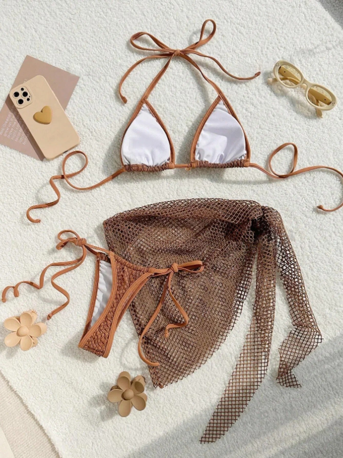 Kabuk Detaylı Kahverengi File Bikini ve Pareo Seti