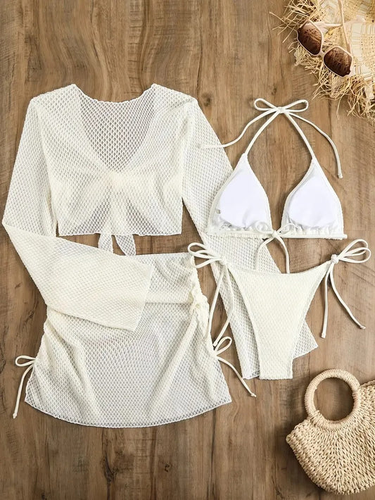 Beyaz File Örgü 3 Parça Bikini ve Plaj Seti